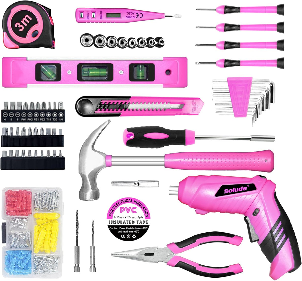 Pink Tool Set for Women,130 Piece Home Tool Kit for Women with 3.6V Cordless Rechargeable Screwdriver,Basic Household Tool Kit Set for New Home,Apartment,College Dorm & DIY Projects