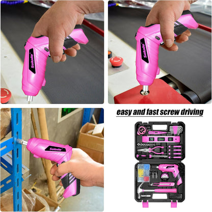 Pink Tool Set for Women,130 Piece Home Tool Kit for Women with 3.6V Cordless Rechargeable Screwdriver,Basic Household Tool Kit Set for New Home,Apartment,College Dorm & DIY Projects
