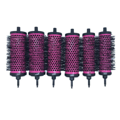 6pcs/set Detachable Handle Hair Roller Brush with Positioning Clips Aluminum Ceramic Barrel Curler Comb for Fine, Thick Hair - Pink