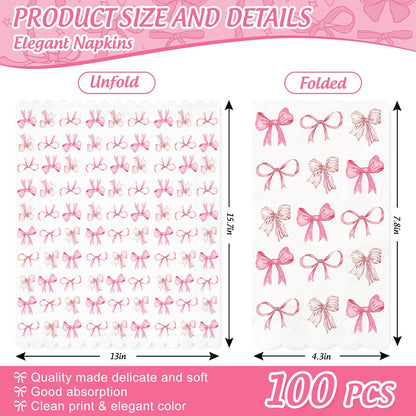 JarThenaAMCS 100Pcs Pink Bow Guest Napkins Watercolor Coquette Bow Disposable Paper Napkins Scalloped Edge Dinner Hand Napkin for Wedding Birthday Party Supplies