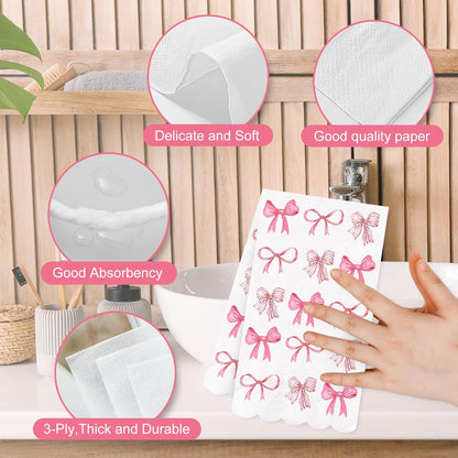 JarThenaAMCS 100Pcs Pink Bow Guest Napkins Watercolor Coquette Bow Disposable Paper Napkins Scalloped Edge Dinner Hand Napkin for Wedding Birthday Party Supplies