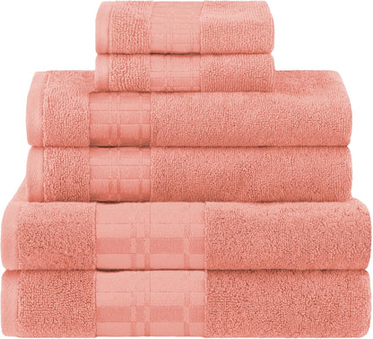 6-Piece Cotton Towel Set, Geometric Design, Dobby Border, Plush Quick Dry Towels, Decorative Bathroom, Spa, Includes 2 Bath, 2 Hand, 2 Face Towels/ Washcloth, Larissa Collection, Coral