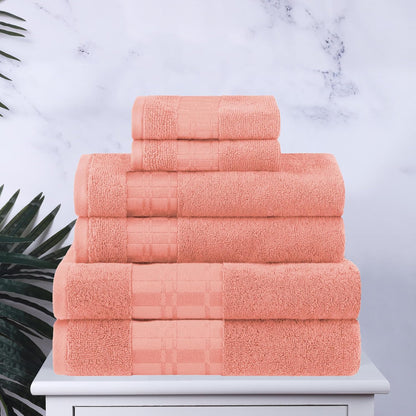 6-Piece Cotton Towel Set, Geometric Design, Dobby Border, Plush Quick Dry Towels, Decorative Bathroom, Spa, Includes 2 Bath, 2 Hand, 2 Face Towels/ Washcloth, Larissa Collection, Coral