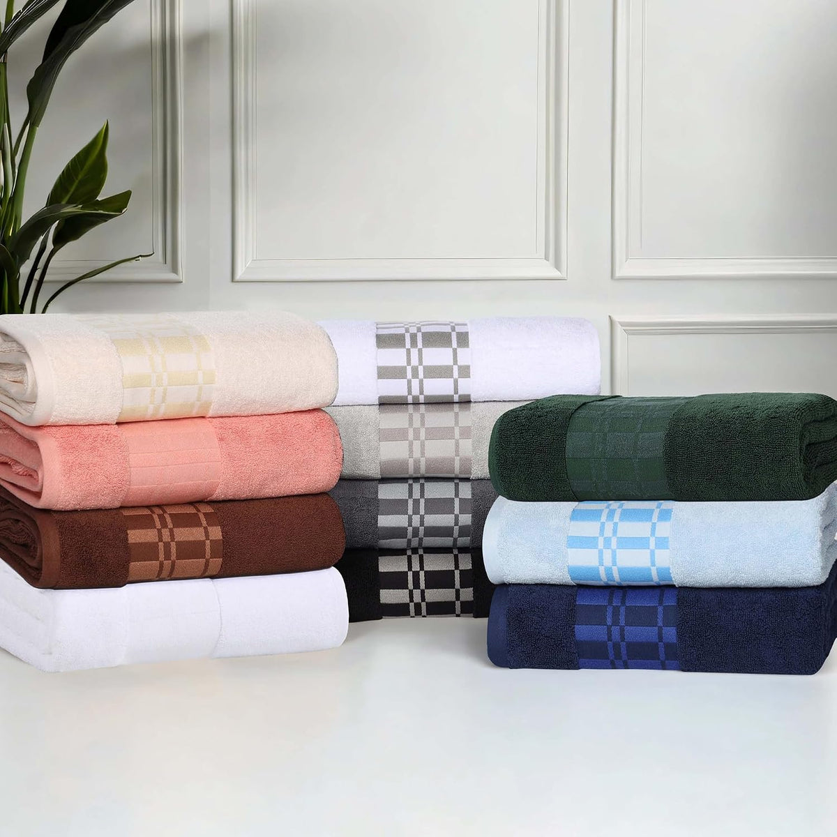 6-Piece Cotton Towel Set, Geometric Design, Dobby Border, Plush Quick Dry Towels, Decorative Bathroom, Spa, Includes 2 Bath, 2 Hand, 2 Face Towels/ Washcloth, Larissa Collection, Coral