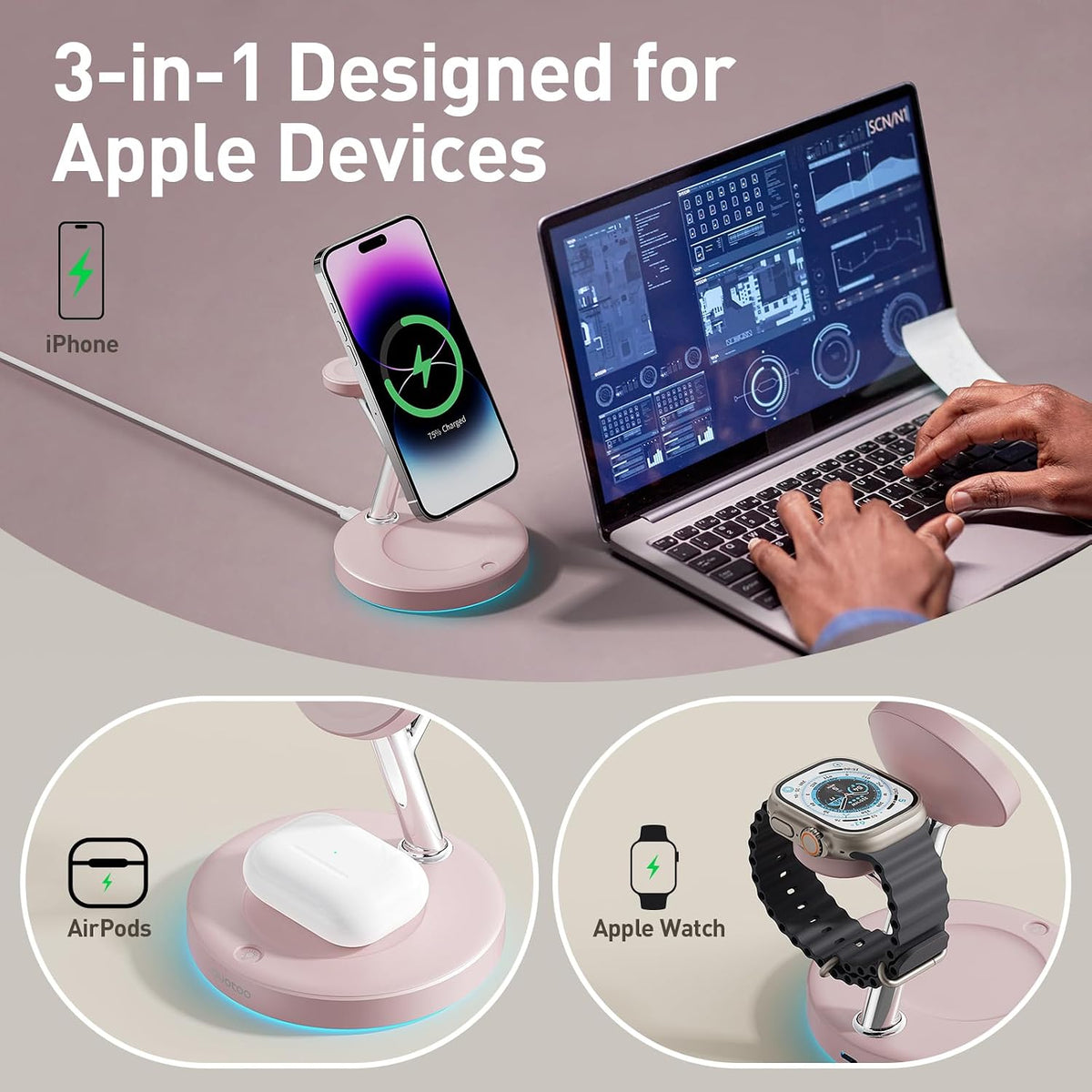 3 in 1 Mag-Safe Wireless Charger Stand for iPhone Apple Watch AirPods