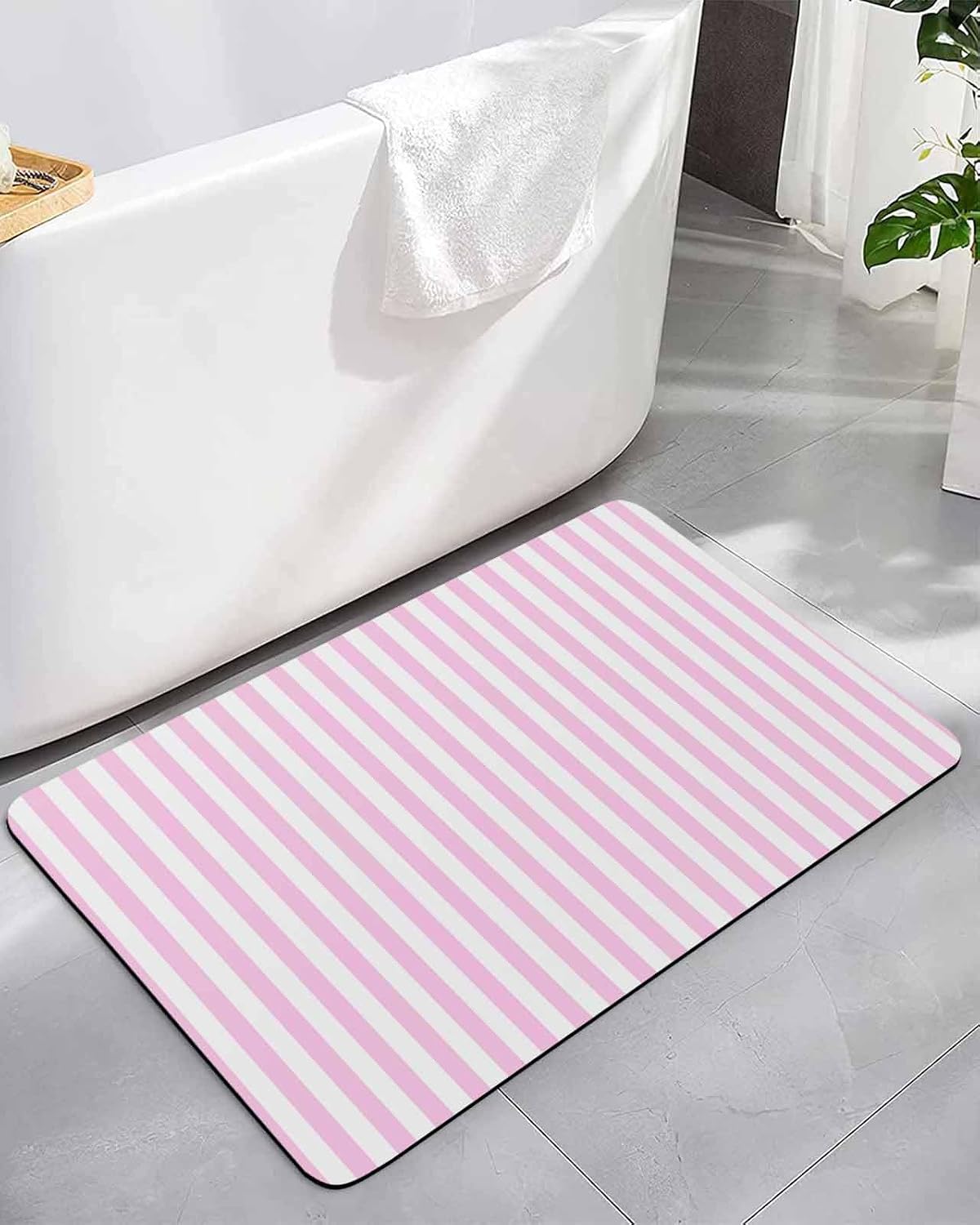 Pink White Stripe Bath Mat for Tub,Modern Minimalist Geometric Striped Non Slip Bathroom Floor Runner Rug Quick Dry & Absorbent Diatomaceous Earth Shower Sink Bedroom Kitchen Doormat 16"x24"