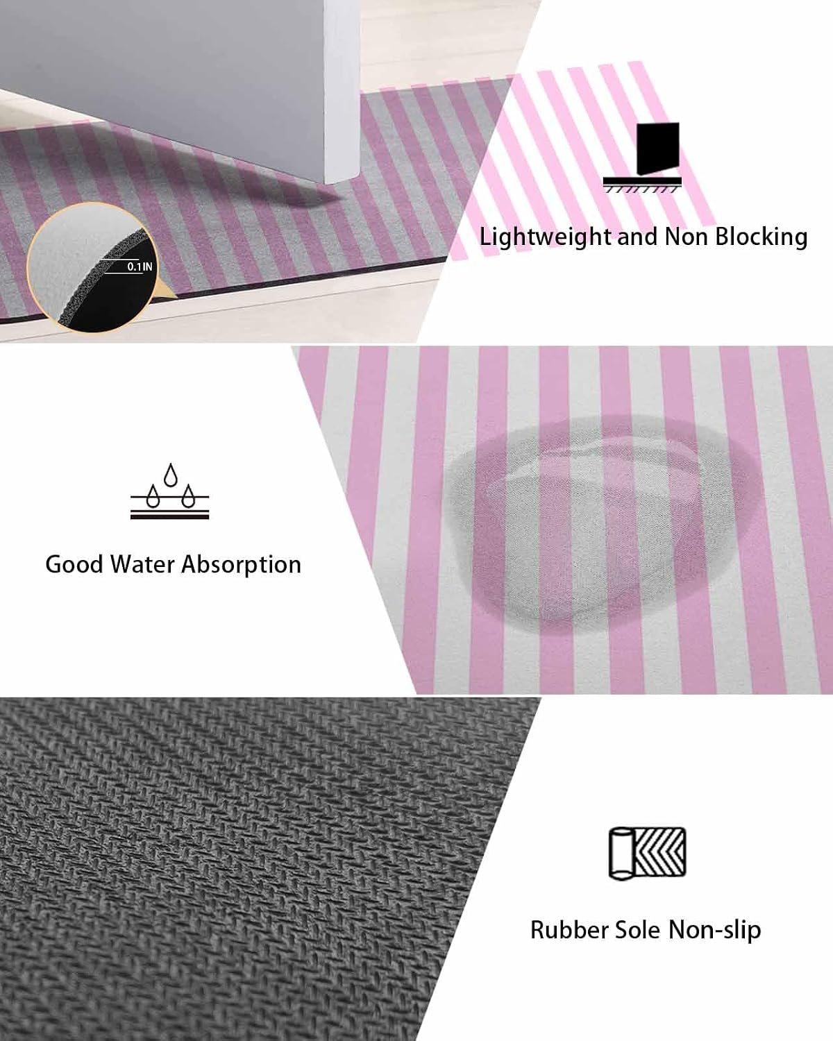 Pink White Stripe Bath Mat for Tub,Modern Minimalist Geometric Striped Non Slip Bathroom Floor Runner Rug Quick Dry & Absorbent Diatomaceous Earth Shower Sink Bedroom Kitchen Doormat 16"x24"