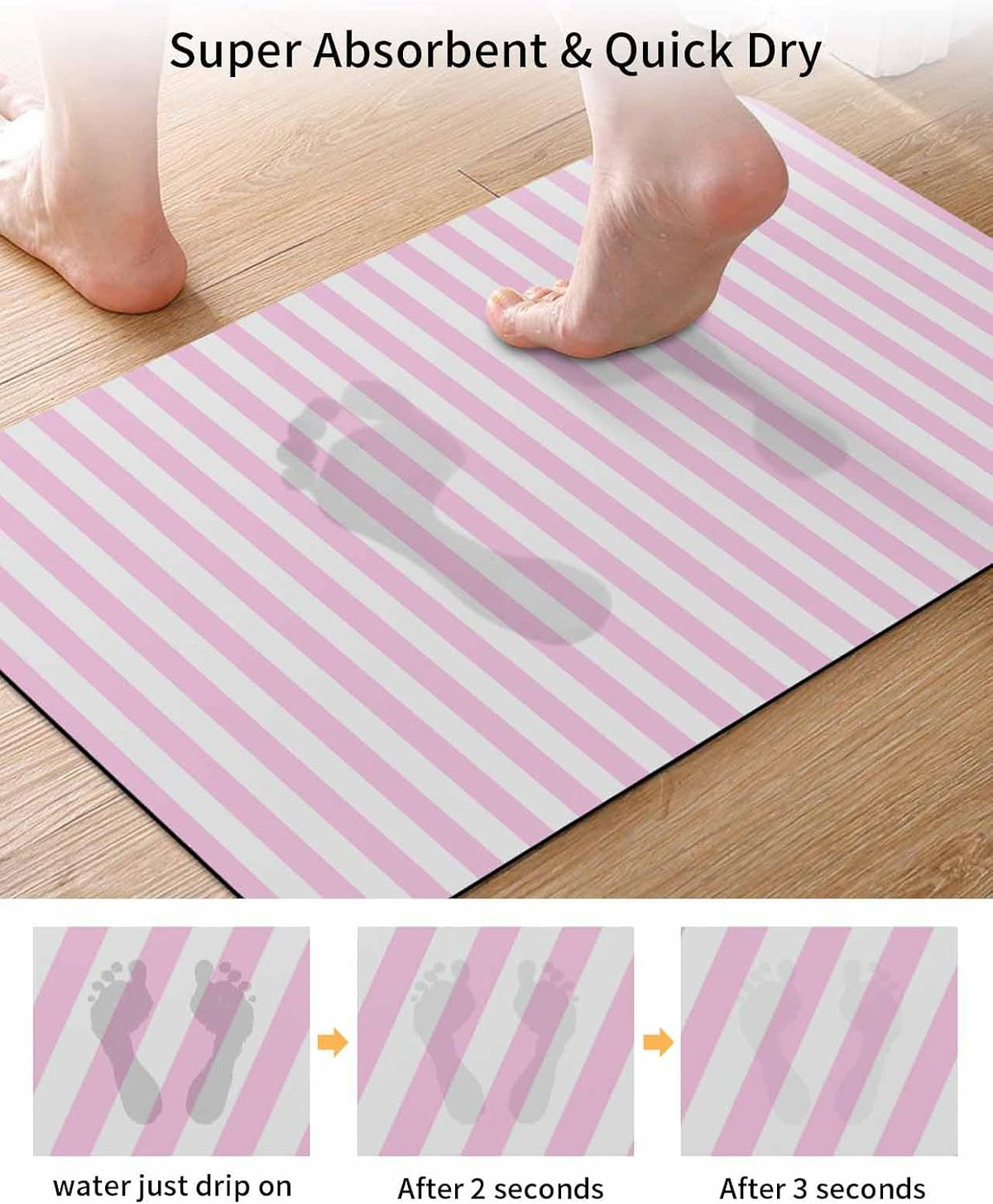 Pink White Stripe Bath Mat for Tub,Modern Minimalist Geometric Striped Non Slip Bathroom Floor Runner Rug Quick Dry & Absorbent Diatomaceous Earth Shower Sink Bedroom Kitchen Doormat 16"x24"