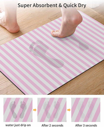 Pink White Stripe Bath Mat for Tub,Modern Minimalist Geometric Striped Non Slip Bathroom Floor Runner Rug Quick Dry & Absorbent Diatomaceous Earth Shower Sink Bedroom Kitchen Doormat 16"x24"
