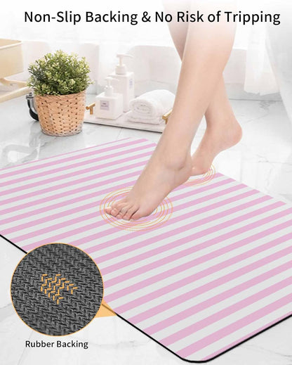 Pink White Stripe Bath Mat for Tub,Modern Minimalist Geometric Striped Non Slip Bathroom Floor Runner Rug Quick Dry & Absorbent Diatomaceous Earth Shower Sink Bedroom Kitchen Doormat 16"x24"
