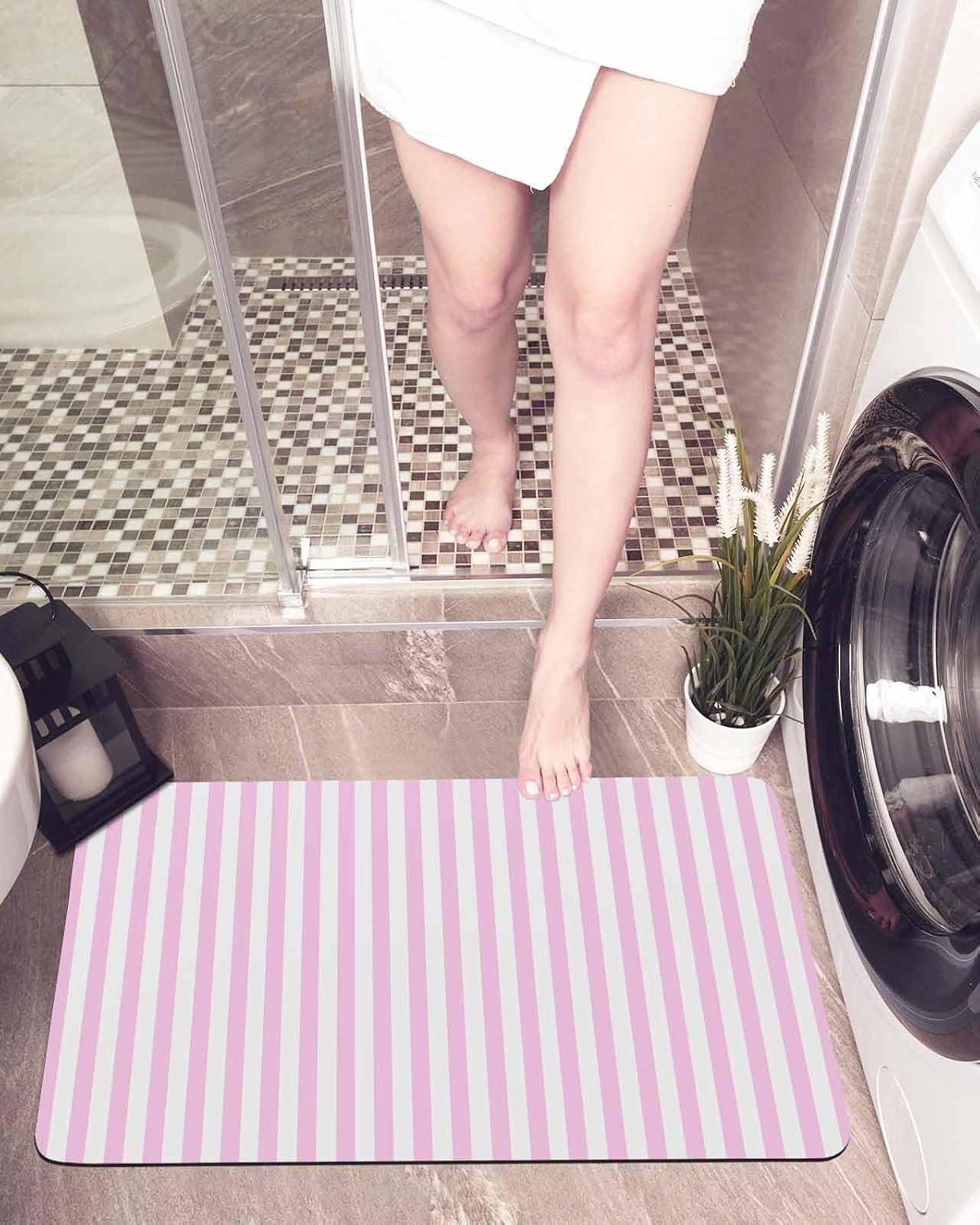 Pink White Stripe Bath Mat for Tub,Modern Minimalist Geometric Striped Non Slip Bathroom Floor Runner Rug Quick Dry & Absorbent Diatomaceous Earth Shower Sink Bedroom Kitchen Doormat 16"x24"