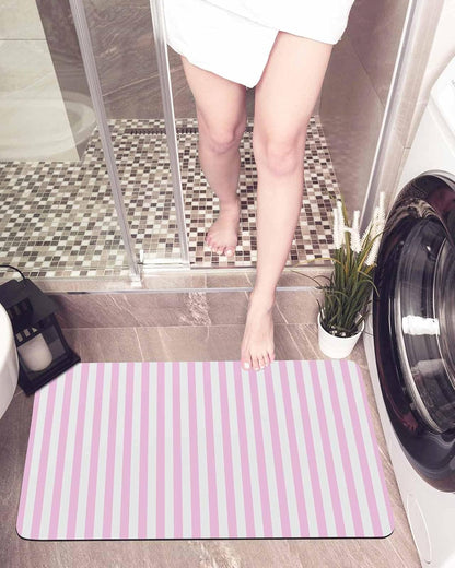 Pink White Stripe Bath Mat for Tub,Modern Minimalist Geometric Striped Non Slip Bathroom Floor Runner Rug Quick Dry & Absorbent Diatomaceous Earth Shower Sink Bedroom Kitchen Doormat 16"x24"