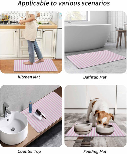 Pink White Stripe Bath Mat for Tub,Modern Minimalist Geometric Striped Non Slip Bathroom Floor Runner Rug Quick Dry & Absorbent Diatomaceous Earth Shower Sink Bedroom Kitchen Doormat 16"x24"