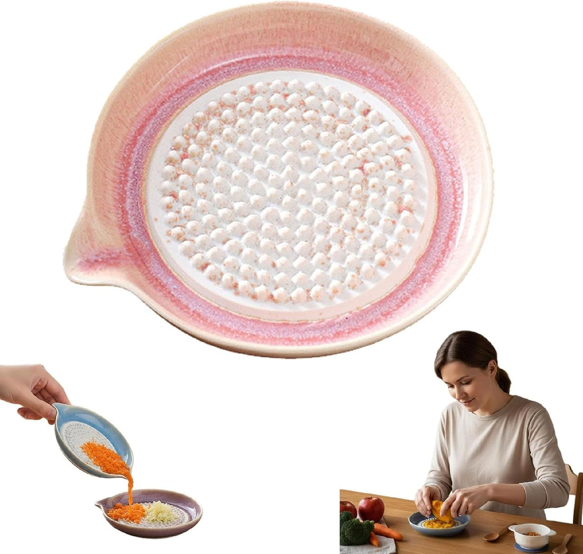 Premium Ceramic Garlic Grater Plate | Non-Slip Gradient Dish with Spout | Versatile Tool for Grating Garlic, Ginger, Cheese, Chocolate, Fruits & Vegetables | Kitchen Essential (Pink)