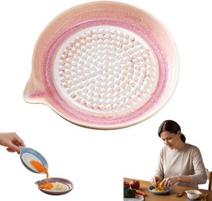 Premium Ceramic Garlic Grater Plate | Non-Slip Gradient Dish with Spout | Versatile Tool for Grating Garlic, Ginger, Cheese, Chocolate, Fruits & Vegetables | Kitchen Essential (Pink)