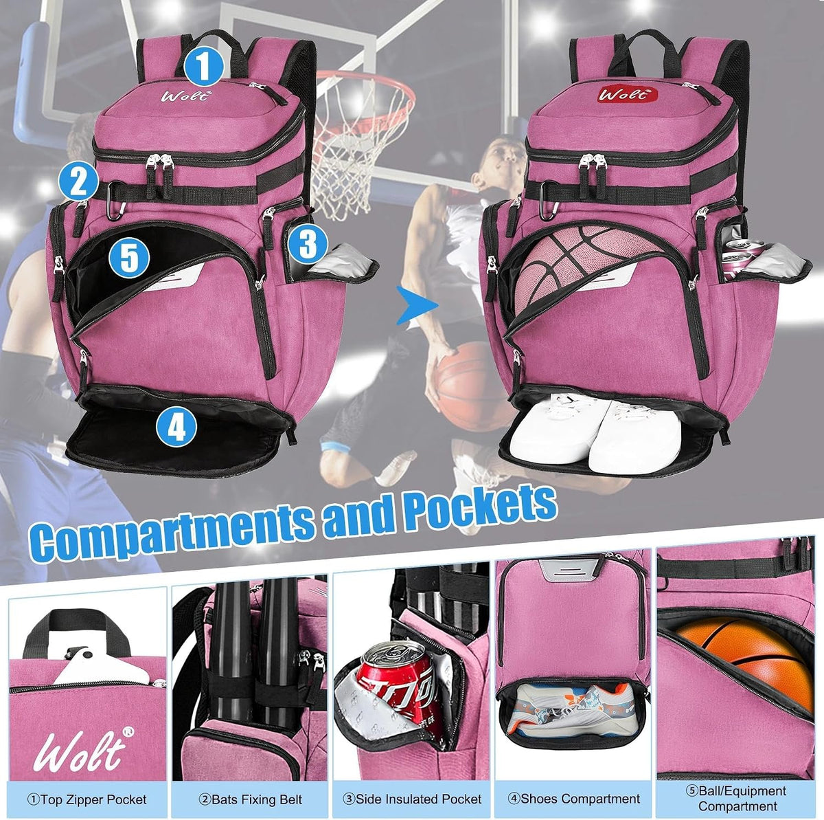 Basketball Backpack, Basketball Bag for Men with Shoes Compartment, Sports Backpack for Baseball, Soccer, Football