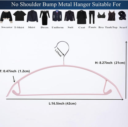 16.5 Inch Pink No Shoulder Bumps No Mark Non-Slip Rubber Coated Contour Meta Hanger for Sweater T-Shirt Suit Coat Uniform with Pants Bar Pack of 10