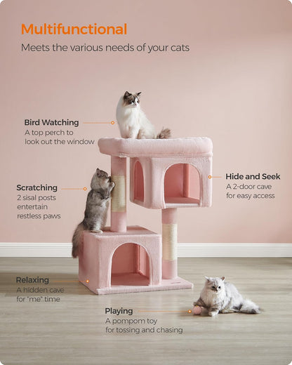 Feandrea Cat Tree, 40.6-Inch Tall Cat Tower, Cute Plush Condo, Jelly Pink