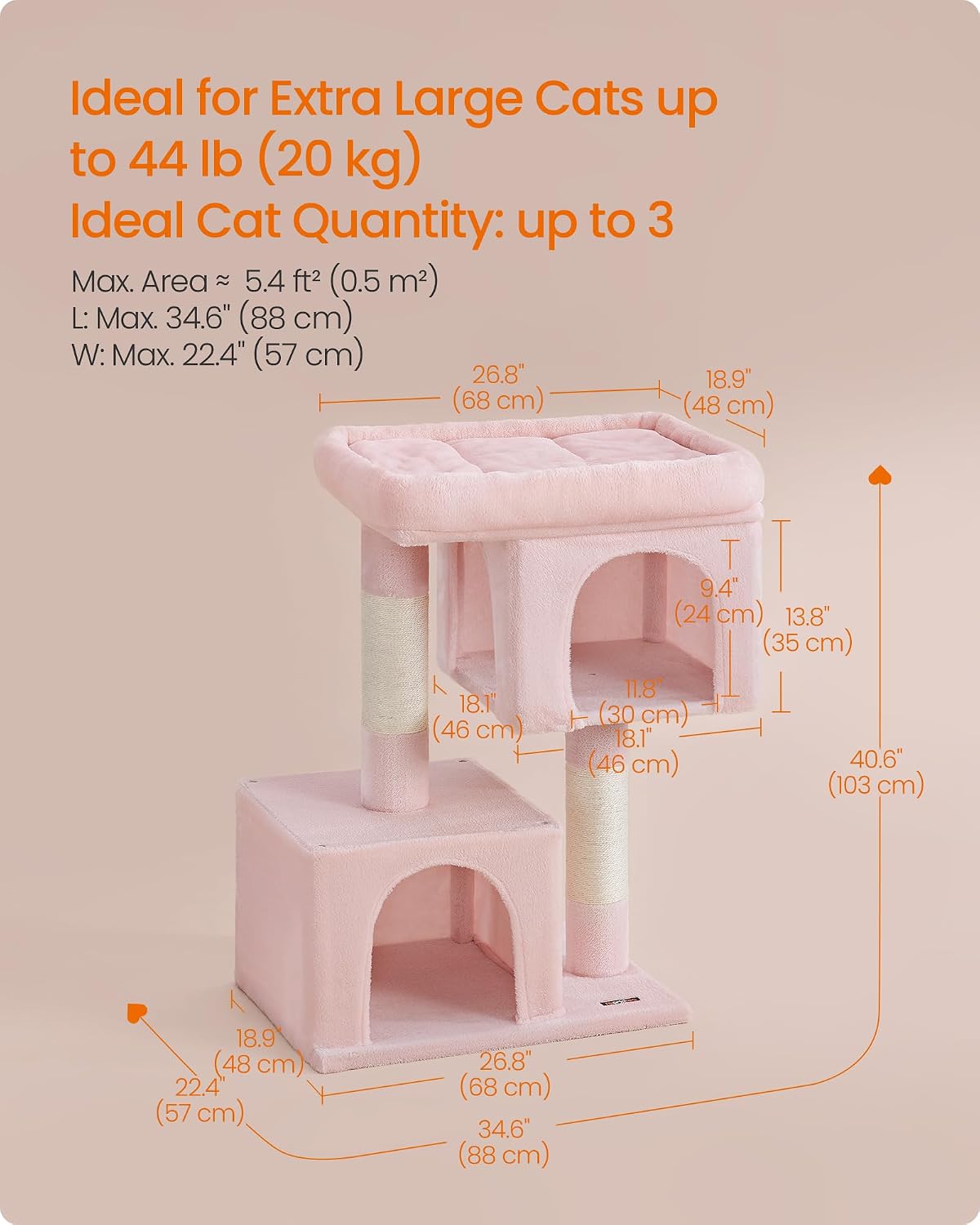 Feandrea Cat Tree, 40.6-Inch Tall Cat Tower, Cute Plush Condo, Jelly Pink