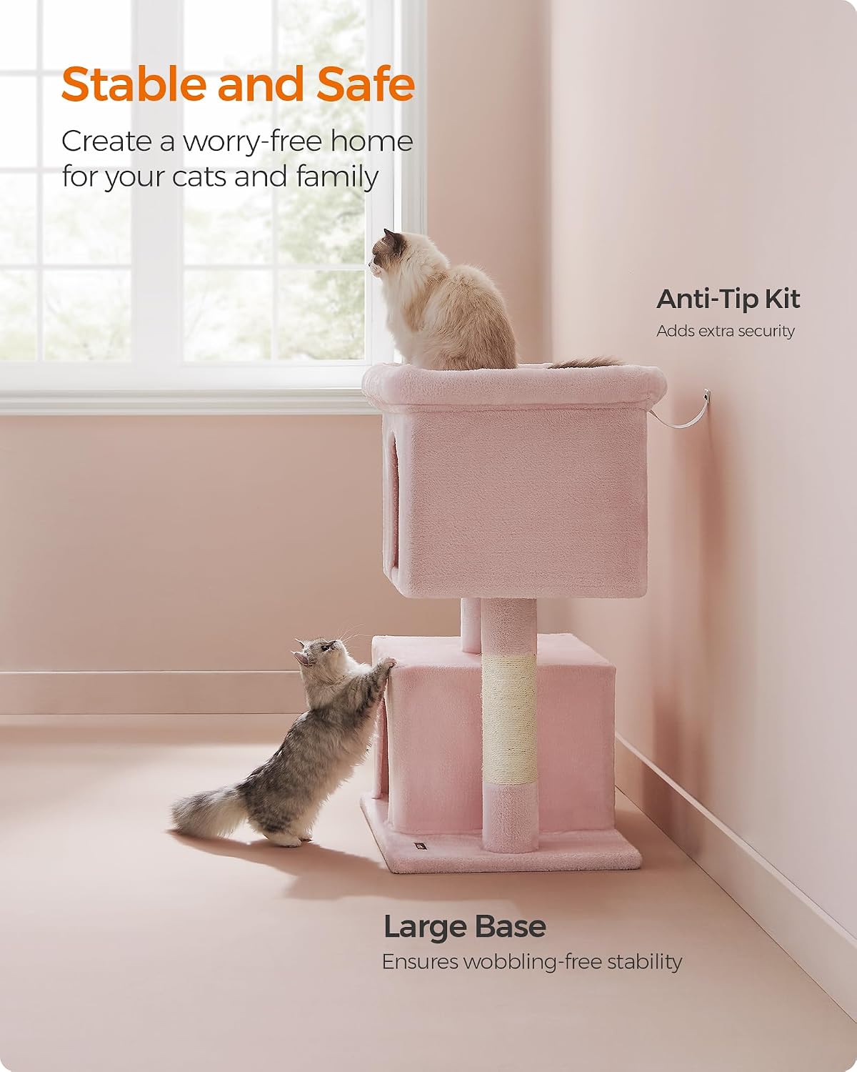Feandrea Cat Tree, 40.6-Inch Tall Cat Tower, Cute Plush Condo, Jelly Pink
