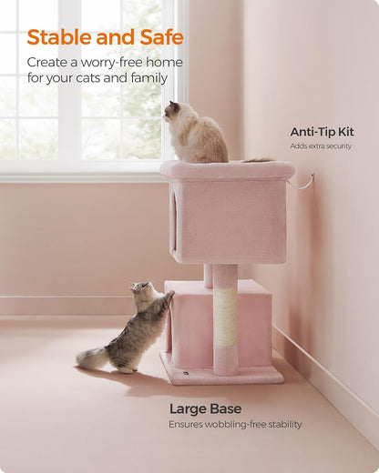 Feandrea Cat Tree, 40.6-Inch Tall Cat Tower, Cute Plush Condo, Jelly Pink