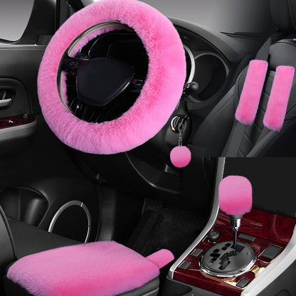 7PCS Set car Interior Aesthetic Accessories, Fluffy 15 inch Steering Wheel Cover, armrest pad, seat Belt Cover,Gear Shift Cover, Fit Girly car Accessories for Women.