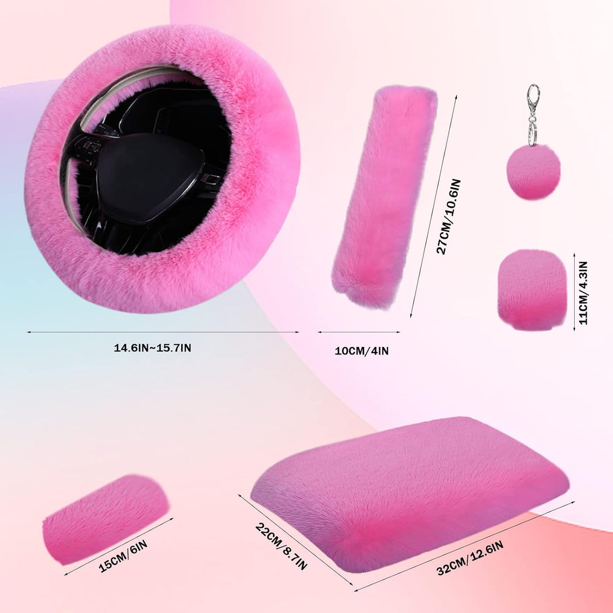 7PCS Set car Interior Aesthetic Accessories, Fluffy 15 inch Steering Wheel Cover, armrest pad, seat Belt Cover,Gear Shift Cover, Fit Girly car Accessories for Women.