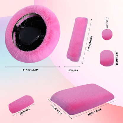 7PCS Set car Interior Aesthetic Accessories, Fluffy 15 inch Steering Wheel Cover, armrest pad, seat Belt Cover,Gear Shift Cover, Fit Girly car Accessories for Women.