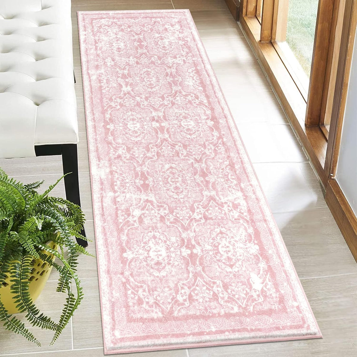 Hallway Runner 2x6 ft, Pink Vintage Shaggy Soft Kitchen Rug