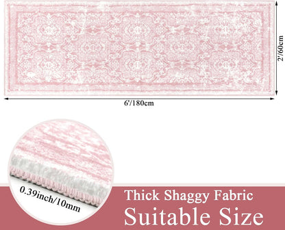 Hallway Runner 2x6 ft, Pink Vintage Shaggy Soft Kitchen Rug