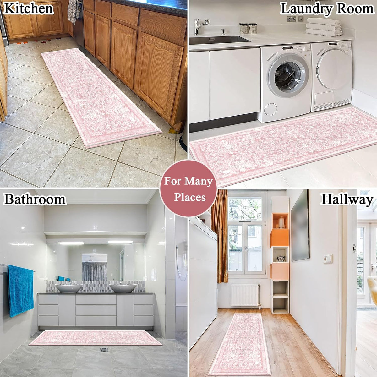 Hallway Runner 2x6 ft, Pink Vintage Shaggy Soft Kitchen Rug