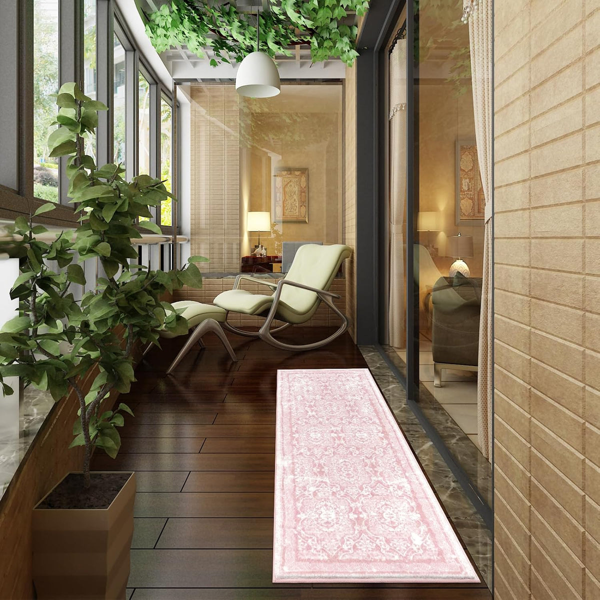 Hallway Runner 2x6 ft, Pink Vintage Shaggy Soft Kitchen Rug