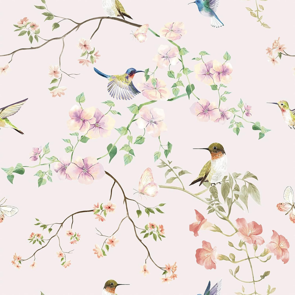 17.7"x78.7" Rustic Hummingbird Floral Wallpaper Peel and Stick Decorative Purple/Pink Floral Contact Paper for Cabinets Drawers Removable Self Adhesive Mural Wallpaper for Bedroom Nursery