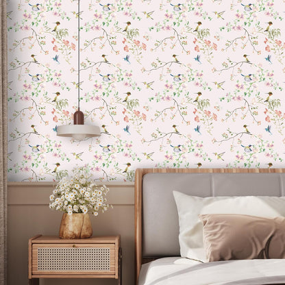 17.7"x78.7" Rustic Hummingbird Floral Wallpaper Peel and Stick Decorative Purple/Pink Floral Contact Paper for Cabinets Drawers Removable Self Adhesive Mural Wallpaper for Bedroom Nursery