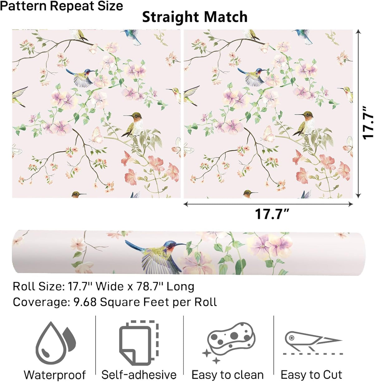 17.7"x78.7" Rustic Hummingbird Floral Wallpaper Peel and Stick Decorative Purple/Pink Floral Contact Paper for Cabinets Drawers Removable Self Adhesive Mural Wallpaper for Bedroom Nursery