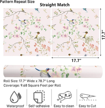 17.7"x78.7" Rustic Hummingbird Floral Wallpaper Peel and Stick Decorative Purple/Pink Floral Contact Paper for Cabinets Drawers Removable Self Adhesive Mural Wallpaper for Bedroom Nursery