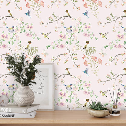 17.7"x78.7" Rustic Hummingbird Floral Wallpaper Peel and Stick Decorative Purple/Pink Floral Contact Paper for Cabinets Drawers Removable Self Adhesive Mural Wallpaper for Bedroom Nursery