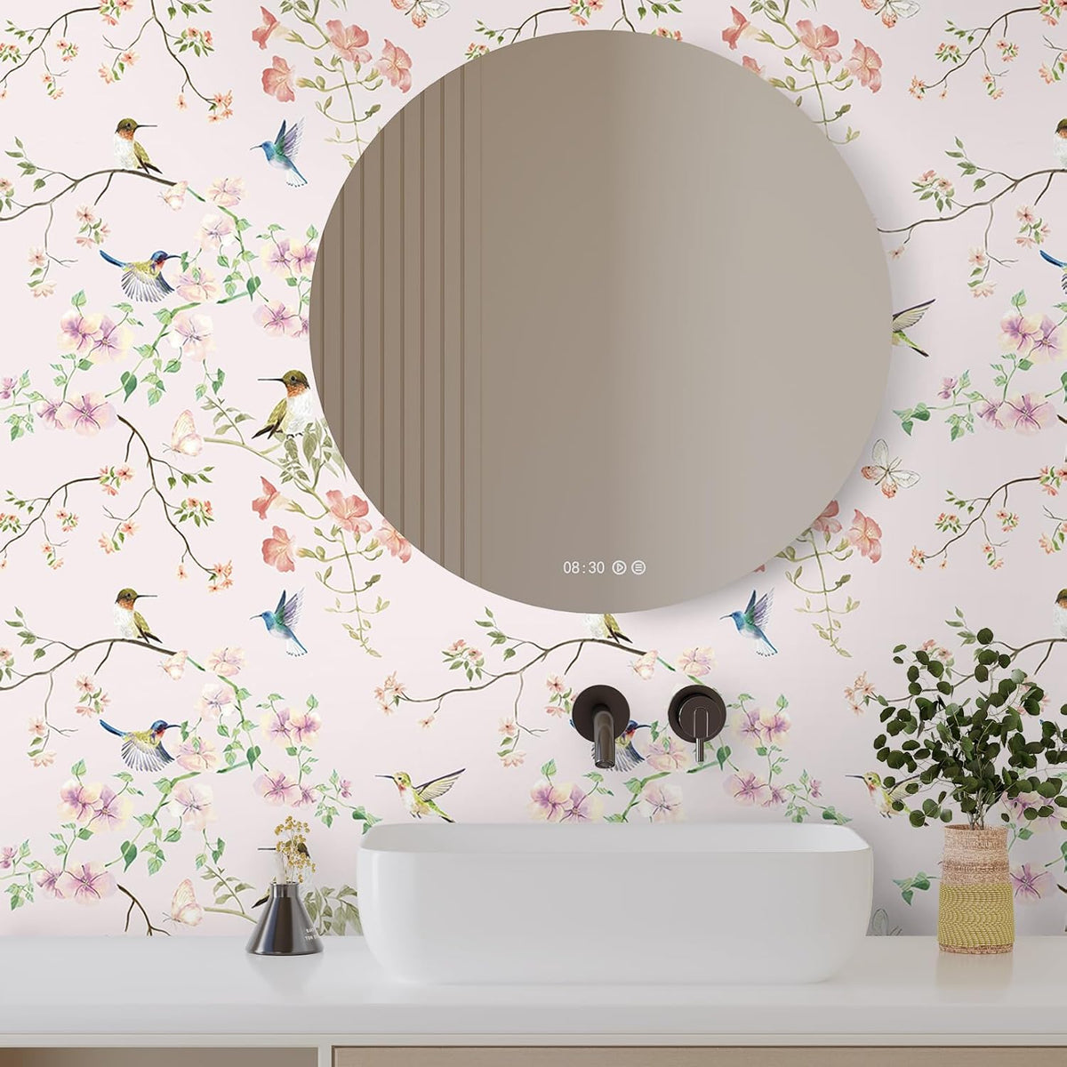 17.7"x78.7" Rustic Hummingbird Floral Wallpaper Peel and Stick Decorative Purple/Pink Floral Contact Paper for Cabinets Drawers Removable Self Adhesive Mural Wallpaper for Bedroom Nursery