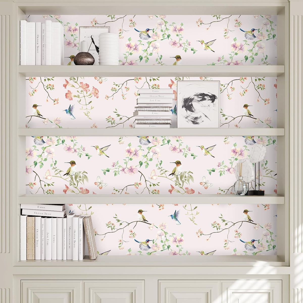 17.7"x78.7" Rustic Hummingbird Floral Wallpaper Peel and Stick Decorative Purple/Pink Floral Contact Paper for Cabinets Drawers Removable Self Adhesive Mural Wallpaper for Bedroom Nursery