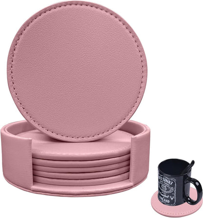 Coasters Set of 6 Soft Leather Drink Coaster Round Coaster with Sewing Around, Suitable for Various Cups, Wooden Tables,Home Decoration,4 Inches(Pink)