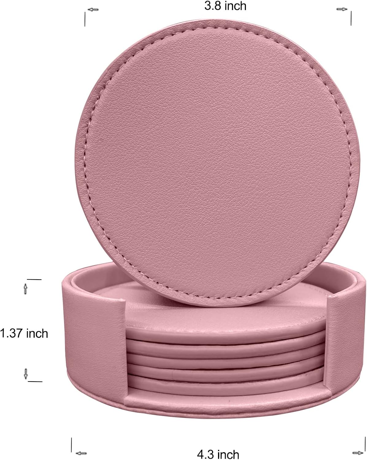 Coasters Set of 6 Soft Leather Drink Coaster Round Coaster with Sewing Around, Suitable for Various Cups, Wooden Tables,Home Decoration,4 Inches(Pink)