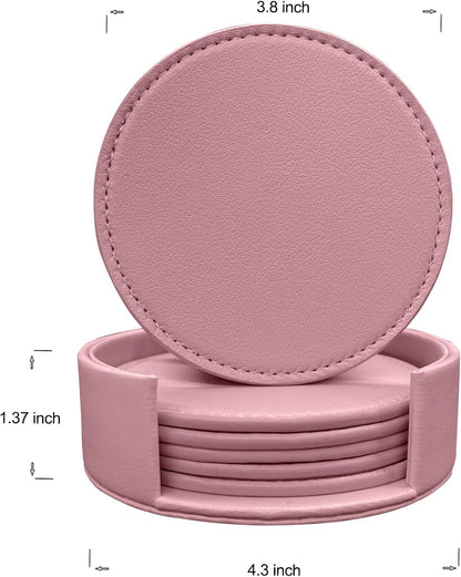 Coasters Set of 6 Soft Leather Drink Coaster Round Coaster with Sewing Around, Suitable for Various Cups, Wooden Tables,Home Decoration,4 Inches(Pink)
