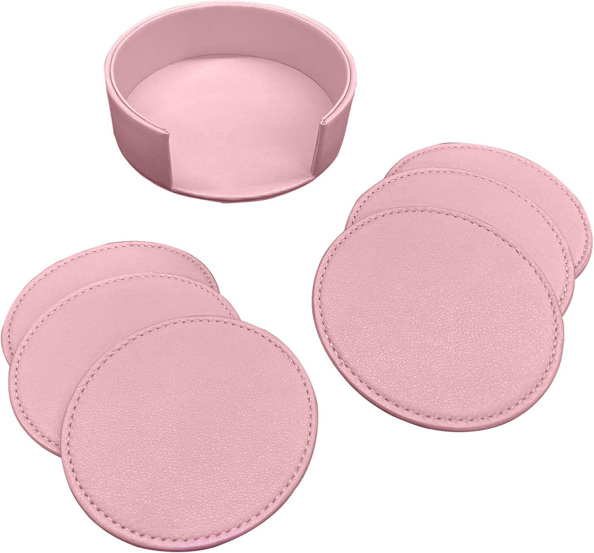 Coasters Set of 6 Soft Leather Drink Coaster Round Coaster with Sewing Around, Suitable for Various Cups, Wooden Tables,Home Decoration,4 Inches(Pink)