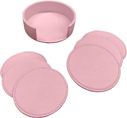 Coasters Set of 6 Soft Leather Drink Coaster Round Coaster with Sewing Around, Suitable for Various Cups, Wooden Tables,Home Decoration,4 Inches(Pink)