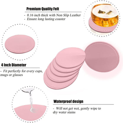 Coasters Set of 6 Soft Leather Drink Coaster Round Coaster with Sewing Around, Suitable for Various Cups, Wooden Tables,Home Decoration,4 Inches(Pink)