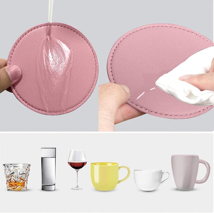 Coasters Set of 6 Soft Leather Drink Coaster Round Coaster with Sewing Around, Suitable for Various Cups, Wooden Tables,Home Decoration,4 Inches(Pink)