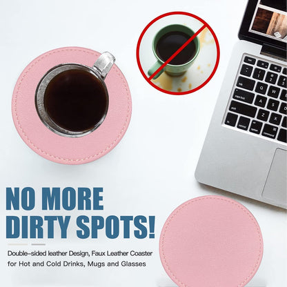 Coasters Set of 6 Soft Leather Drink Coaster Round Coaster with Sewing Around, Suitable for Various Cups, Wooden Tables,Home Decoration,4 Inches(Pink)