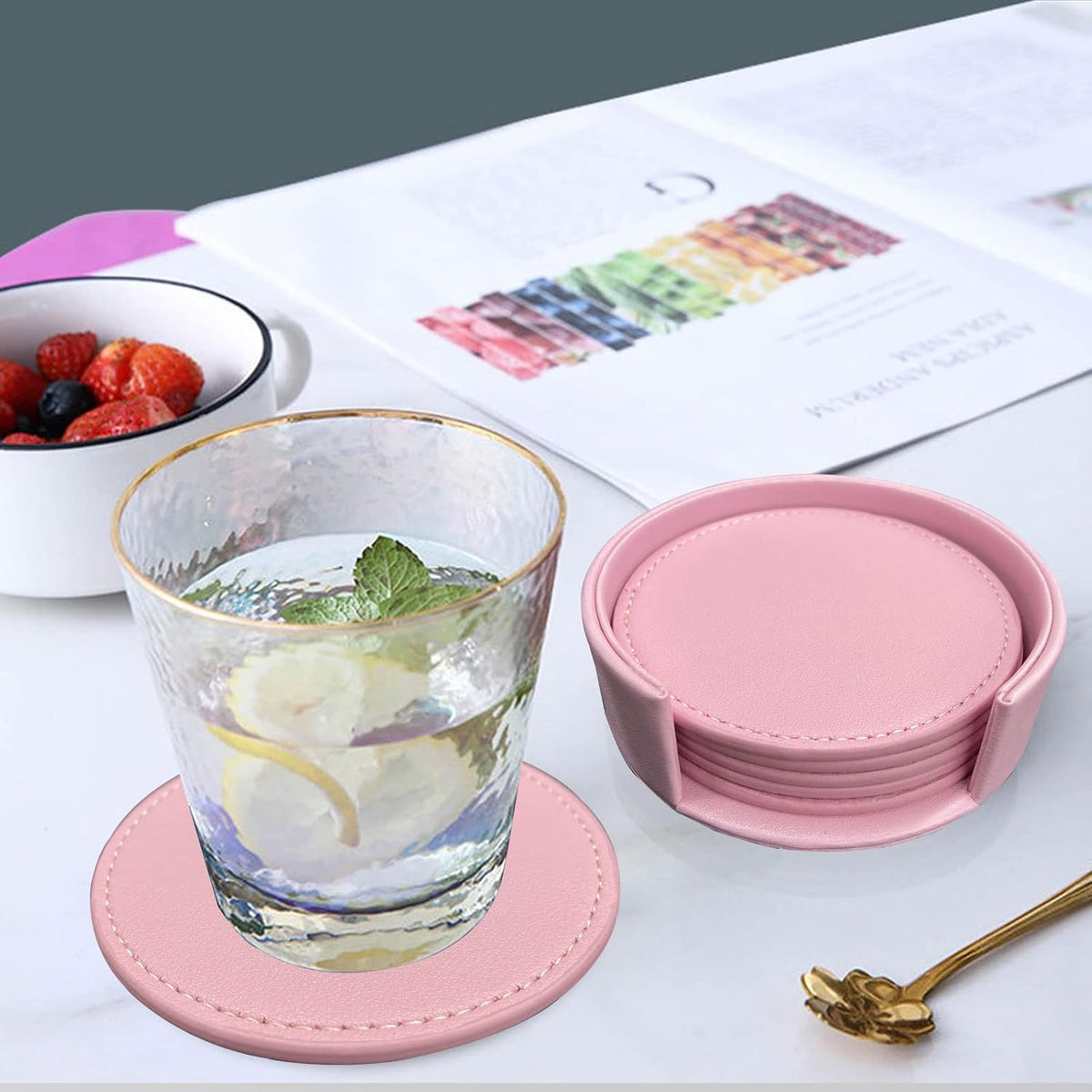 Coasters Set of 6 Soft Leather Drink Coaster Round Coaster with Sewing Around, Suitable for Various Cups, Wooden Tables,Home Decoration,4 Inches(Pink)