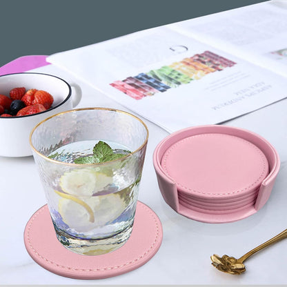 Coasters Set of 6 Soft Leather Drink Coaster Round Coaster with Sewing Around, Suitable for Various Cups, Wooden Tables,Home Decoration,4 Inches(Pink)