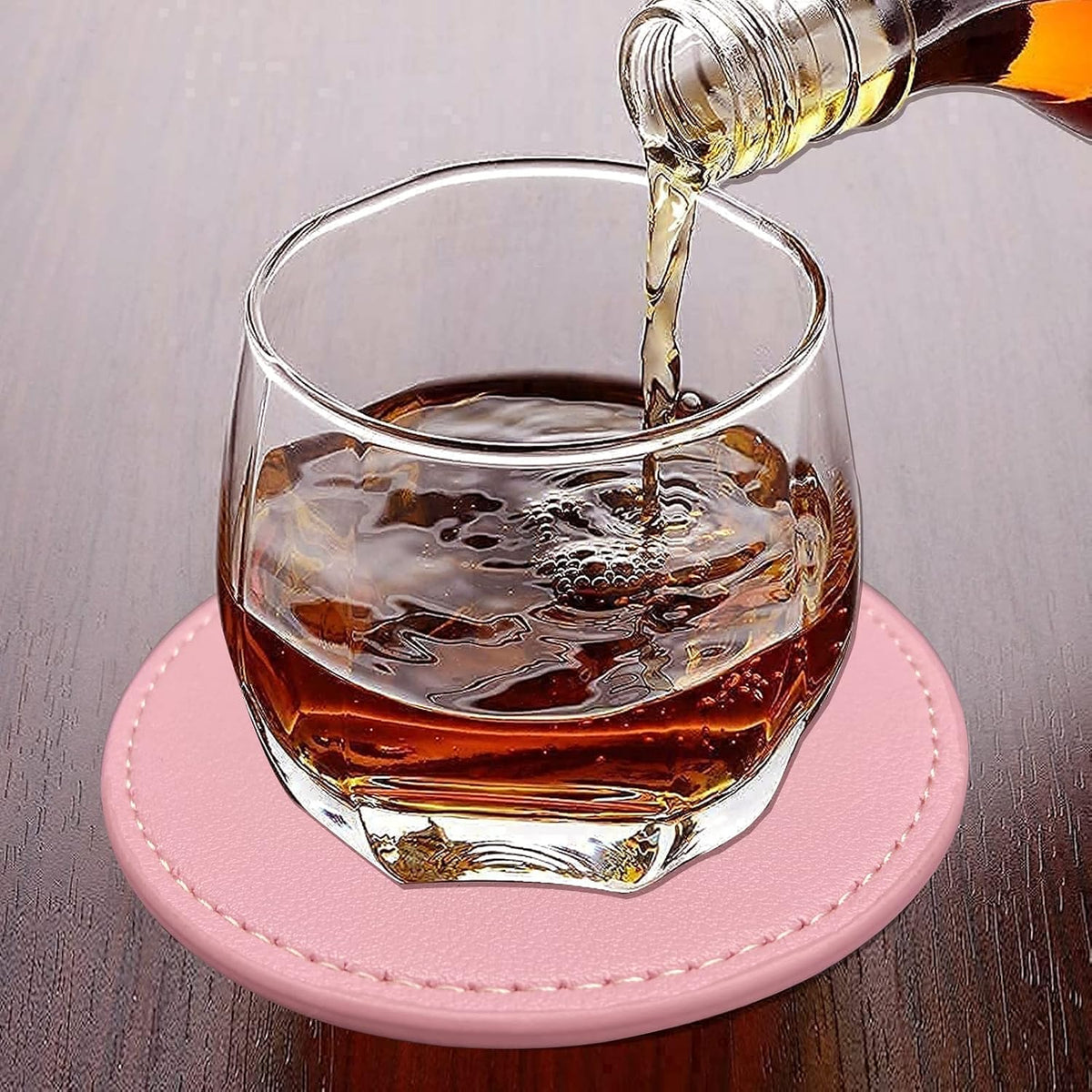 Coasters Set of 6 Soft Leather Drink Coaster Round Coaster with Sewing Around, Suitable for Various Cups, Wooden Tables,Home Decoration,4 Inches(Pink)